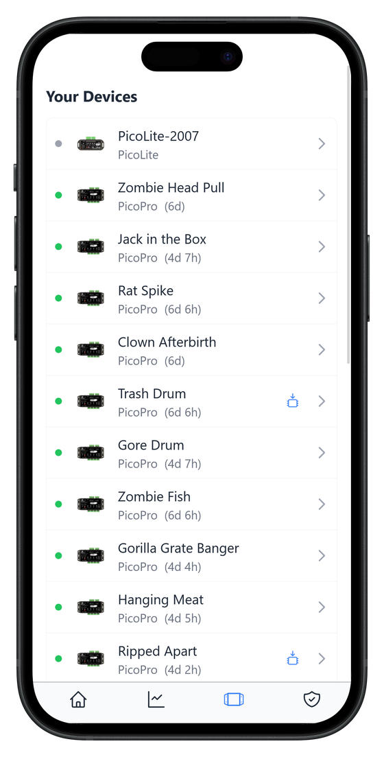 ShowMatic mobile app device list with online status for each controller